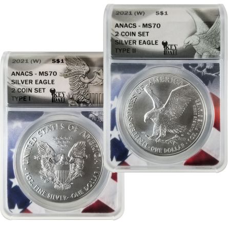 2021 Type I & II Silver Eagle MS70 Pair